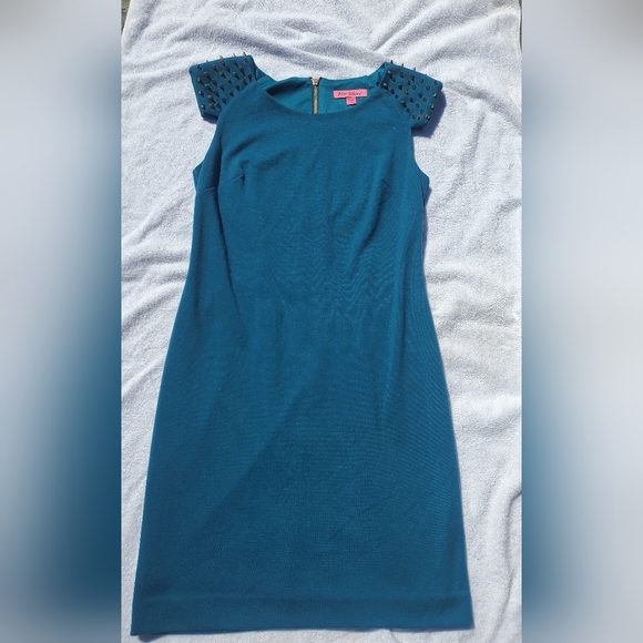 Betsey Johnson Sheath Teal Dress with Spiked Shoulders and gold zipper, Size 6 - Picture 8 of 8